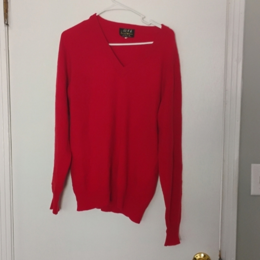 Vintage 1970s 1980s Snow Lotus Super Fine Cashmere Red V Neck Sweater Mens